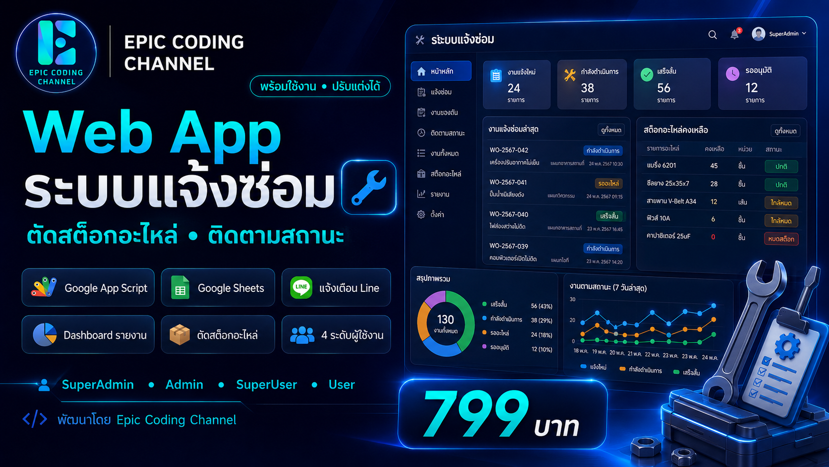 Web App ระบบแจ้งซ่อม ตัดสต็อกอะไหล่ ติดตามสถานะ