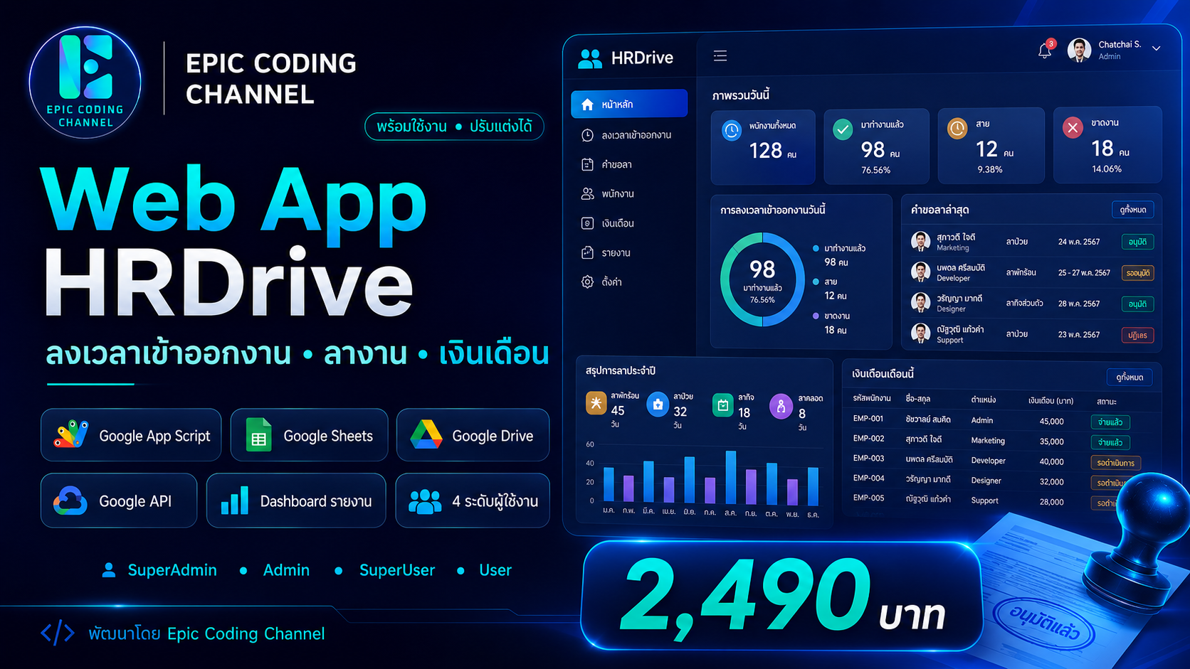Web App HRDrive ลงเวลาเข้าออกงาน ลางาน เงินเดือน